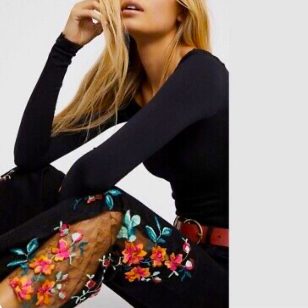 Free People Floral Embroidered Lace Black Jeans